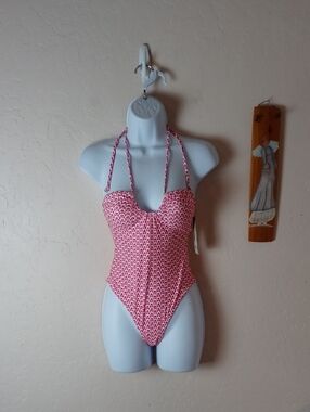 NWT No Boundaries Pink Geometric Halter One-Piece Swimsuit